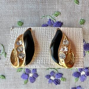 80s Rhinestone and Black Enamel Goldtone Stud Earrings
